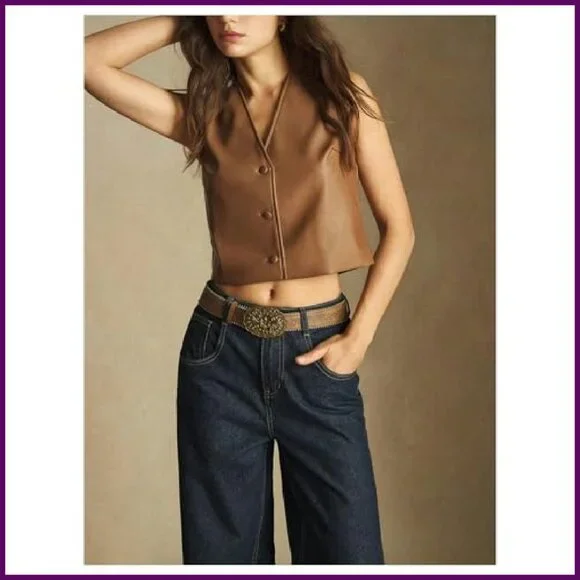 PU Leather Button Up Vest Crop Top Sleeveless Waistcoat - Picture 6 of 6